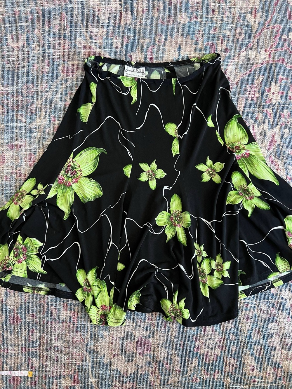 Vintage Joseph Ribkoff Black Skirt with Bright Green Floral Print